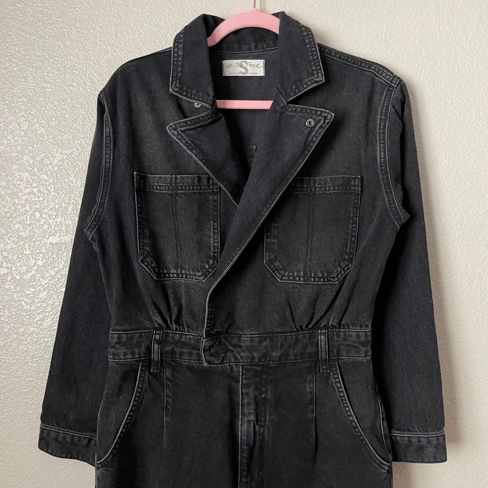 Free People Jumpsuit Small Washed Black Marci Denim Utility Boiler Suit Cotton‎